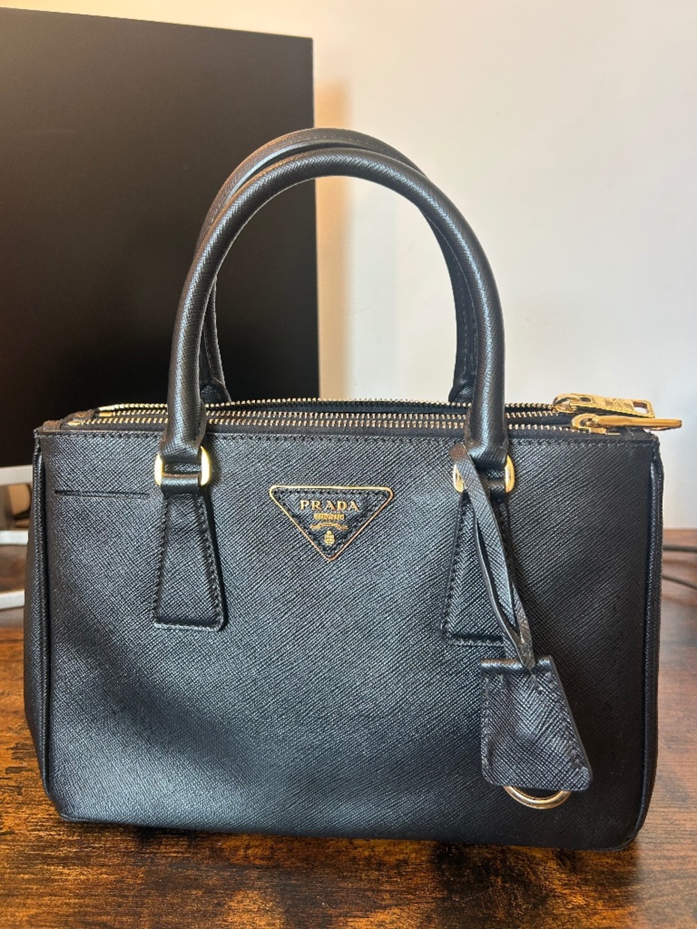 Prada saffiano vernice mini galleria double zip tote in black